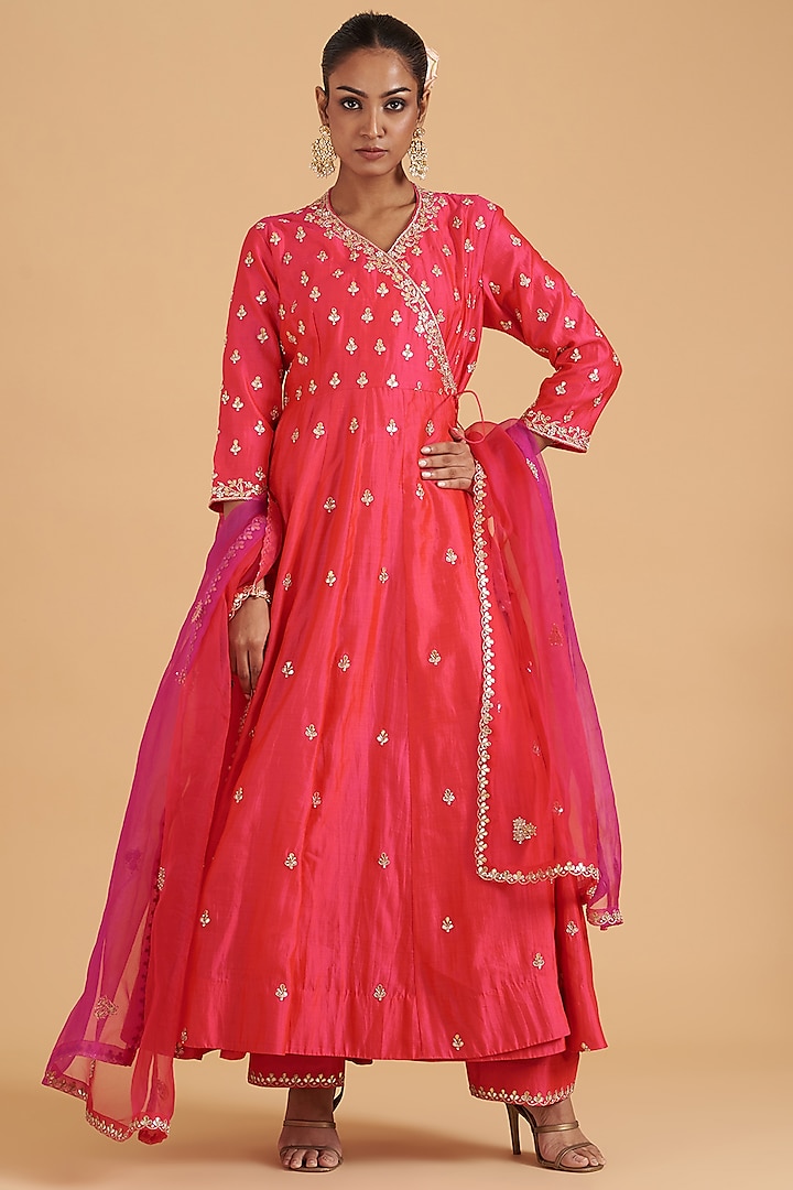 Red Pure Spun Silk Hand Embroidered Angrakha Kurta Set by SURBHI SHAH at Pernia's Pop Up Shop