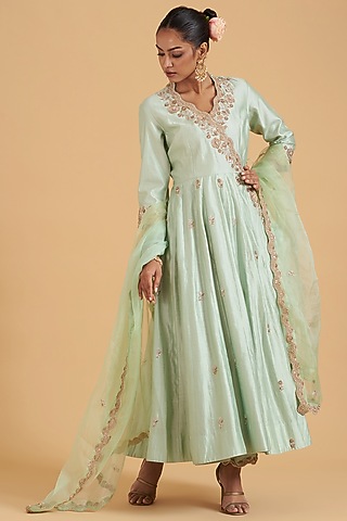 Powder Blue Pure Spun Silk Hand Embroidered Angrakha Kurta Set by SURBHI SHAH