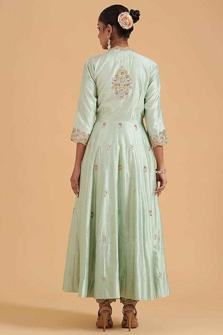 Powder Blue Pure Spun Silk Hand Embroidered Angrakha Kurta Set by SURBHI SHAH at Pernia's Pop Up Shop