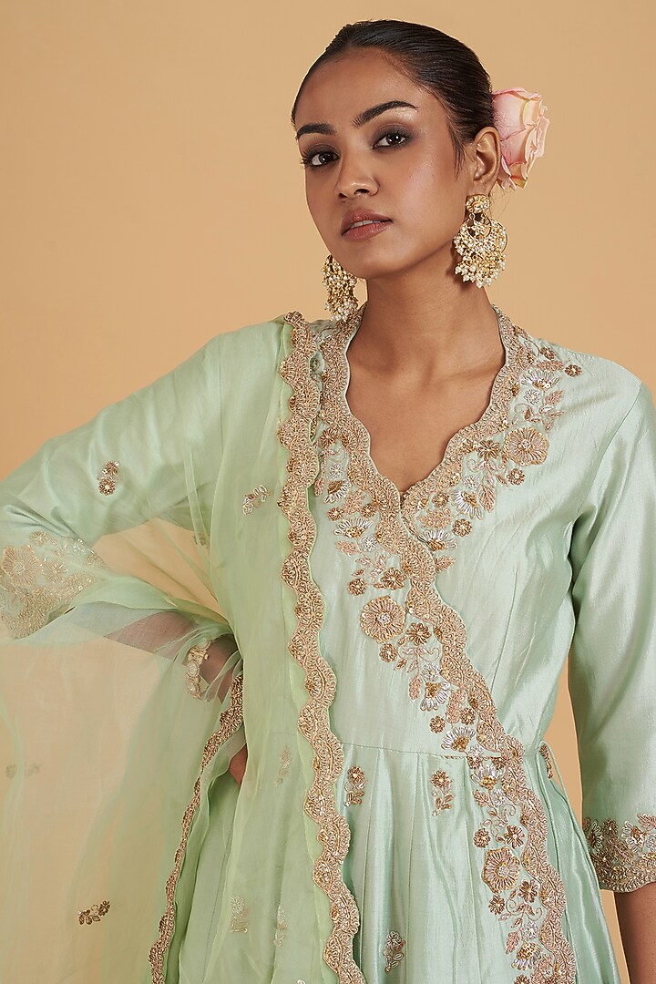 Powder Blue Pure Spun Silk Hand Embroidered Angrakha Kurta Set by SURBHI SHAH at Pernia's Pop Up Shop
