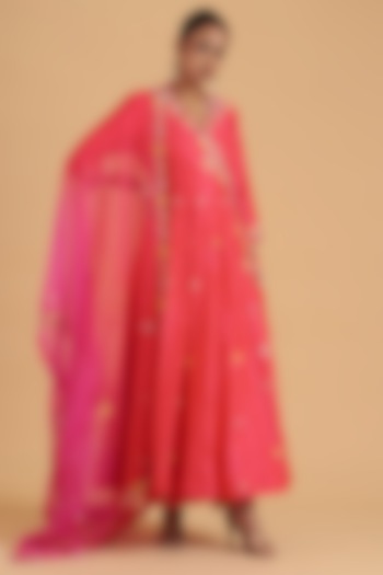 Red Pure Spun Silk Hand Embroidered Angrakha Kurta Set by SURBHI SHAH at Pernia's Pop Up Shop