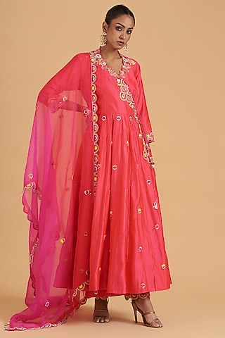 Red Pure Spun Silk Hand Embroidered Angrakha Kurta Set by SURBHI SHAH