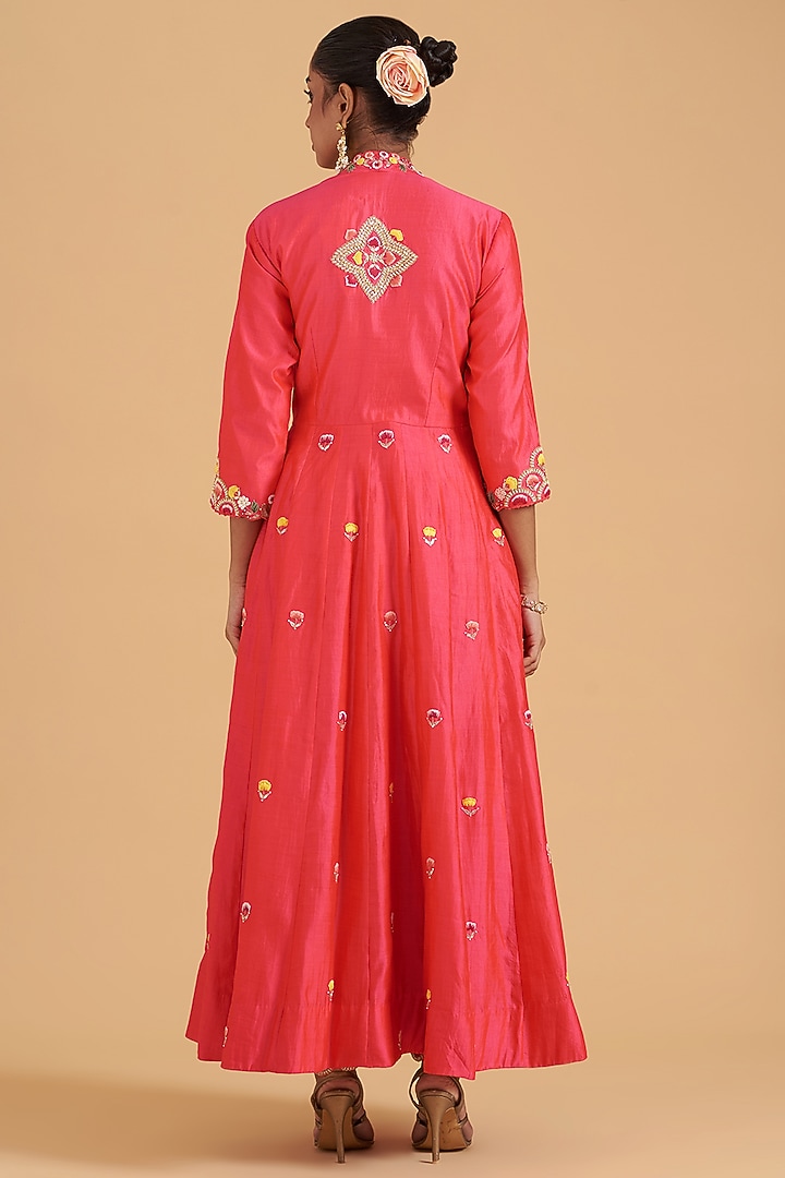 Red Pure Spun Silk Hand Embroidered Angrakha Kurta Set by SURBHI SHAH at Pernia's Pop Up Shop