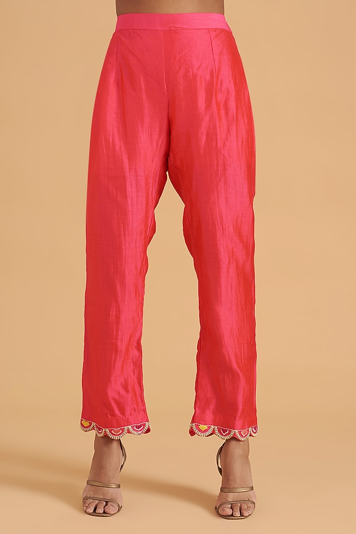 Red Pure Spun Silk Hand Embroidered Angrakha Kurta Set by SURBHI SHAH at Pernia's Pop Up Shop