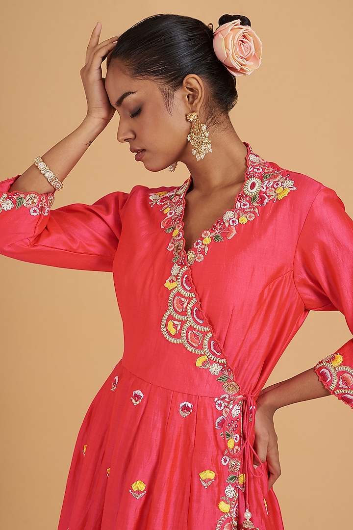 Red Pure Spun Silk Hand Embroidered Angrakha Kurta Set by SURBHI SHAH at Pernia's Pop Up Shop