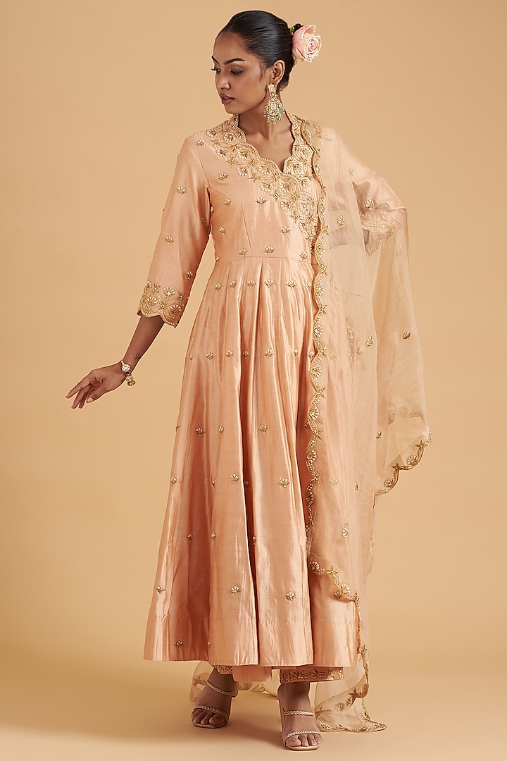 Powder Peach Pure Spun Silk Hand Embroidered Angrakha Kurta Set by SURBHI SHAH at Pernia's Pop Up Shop