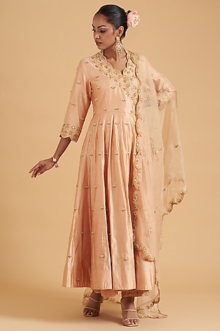 Powder Peach Pure Spun Silk Hand Embroidered Angrakha Kurta Set by SURBHI SHAH