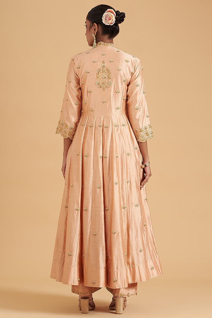 Powder Peach Pure Spun Silk Hand Embroidered Angrakha Kurta Set by SURBHI SHAH at Pernia's Pop Up Shop