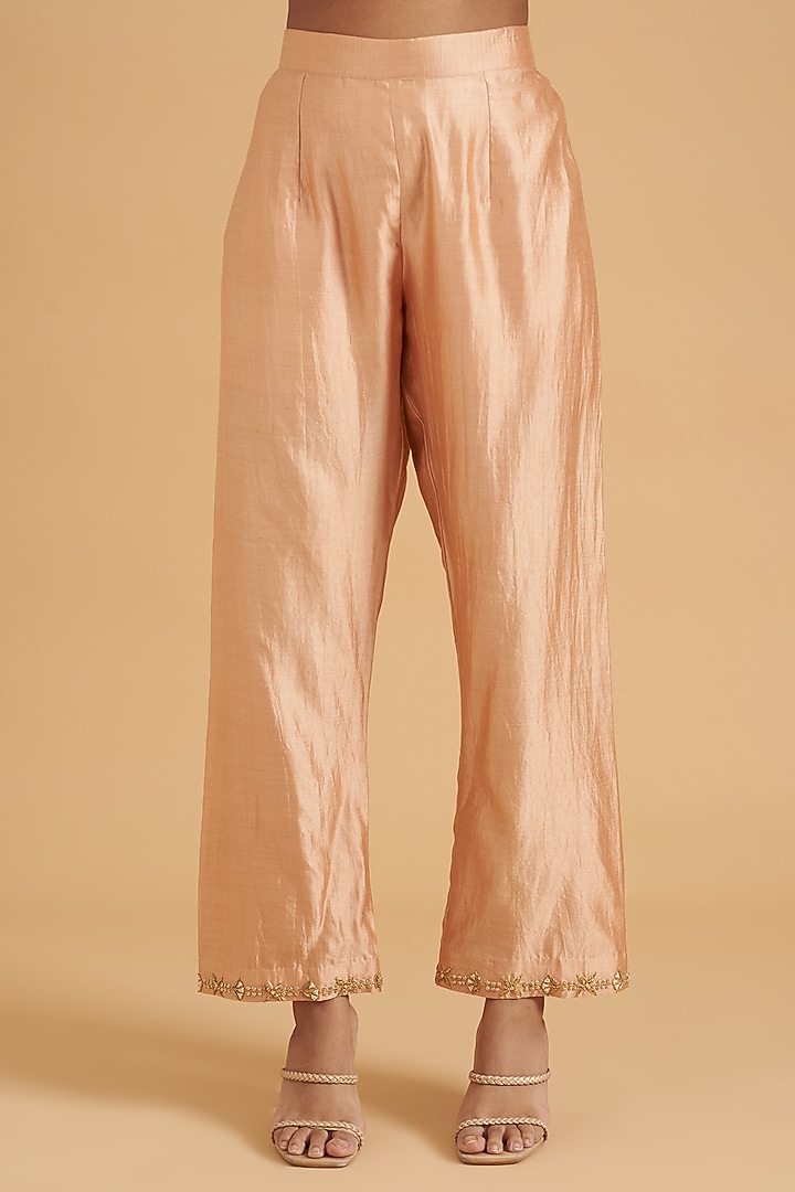 Powder Peach Pure Spun Silk Hand Embroidered Angrakha Kurta Set by SURBHI SHAH at Pernia's Pop Up Shop