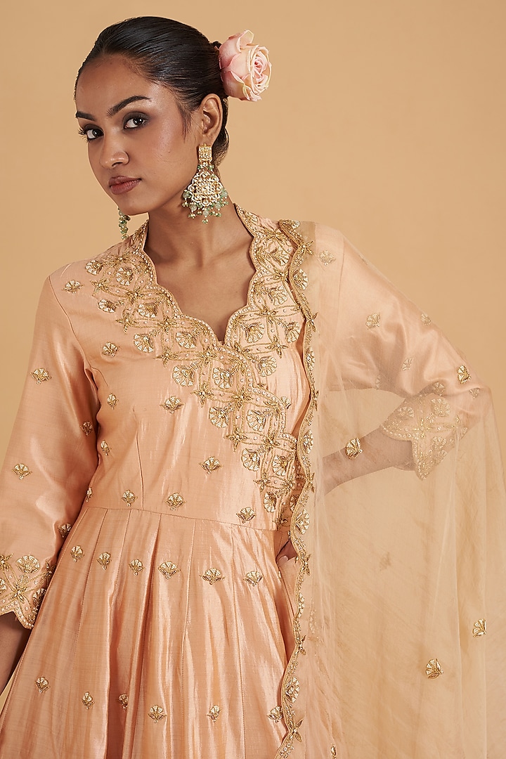 Powder Peach Pure Spun Silk Hand Embroidered Angrakha Kurta Set by SURBHI SHAH at Pernia's Pop Up Shop