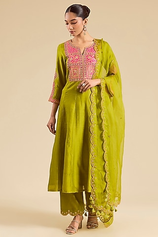 Parrot Green Chanderi Marori Work Anarkali Set by SURBHI SHAH