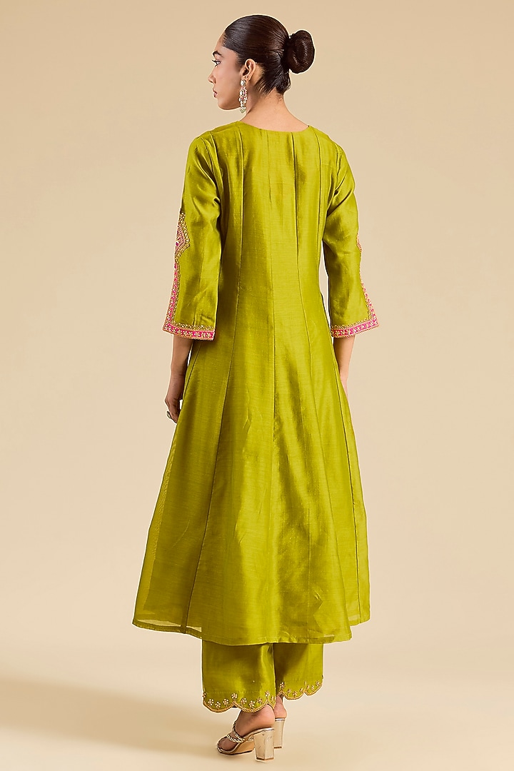 Parrot Green Chanderi Marori Work Wedding Anarkali Set by SURBHI SHAH at Pernia's Pop Up Shop