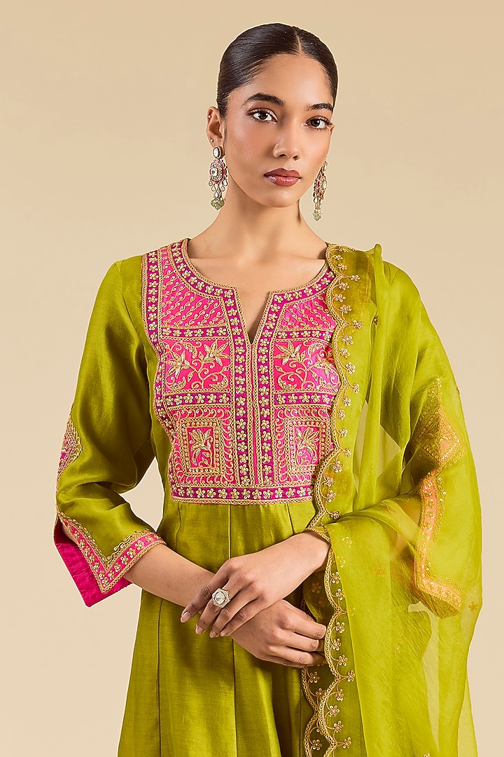 Parrot Green Chanderi Marori Work Wedding Anarkali Set by SURBHI SHAH at Pernia's Pop Up Shop