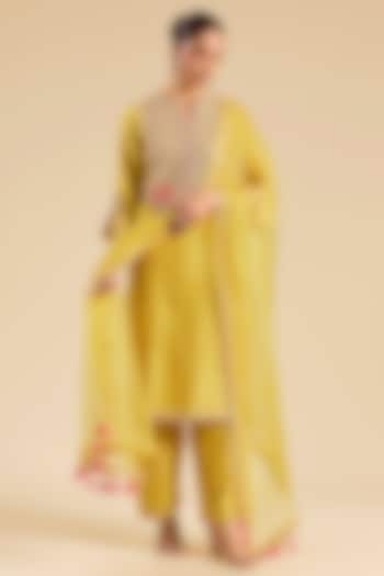 Powder Yellow Chanderi Marori Work Kurta Set by SURBHI SHAH at Pernia's Pop Up Shop