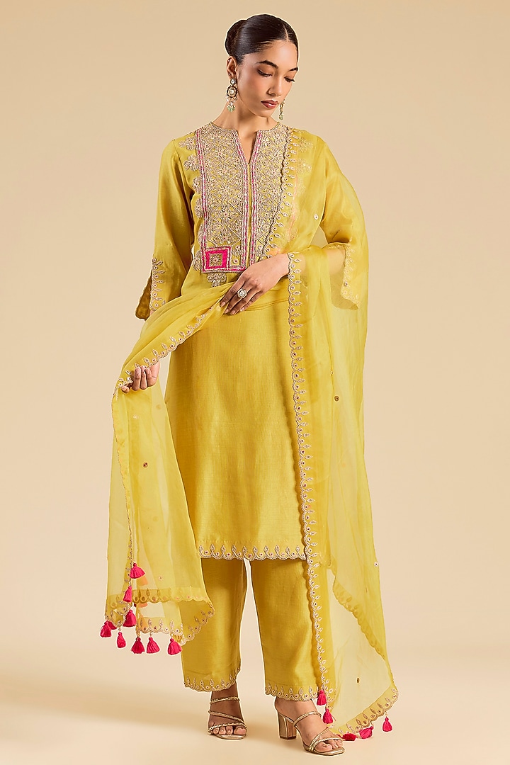 Powder Yellow Chanderi Marori Work Kurta Set by SURBHI SHAH at Pernia's Pop Up Shop
