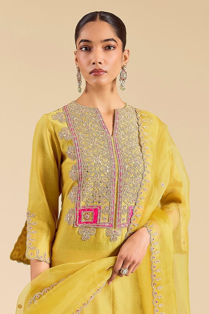 Powder Yellow Chanderi Marori Work Kurta Set by SURBHI SHAH at Pernia's Pop Up Shop