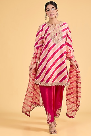 Red Old Rose Colored Leheriya Spun Kurta Set by Surbhi Shah