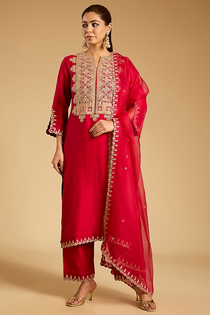Maroon Chanderi Marori Work Kurta Set by SURBHI SHAH at Pernia's Pop Up Shop