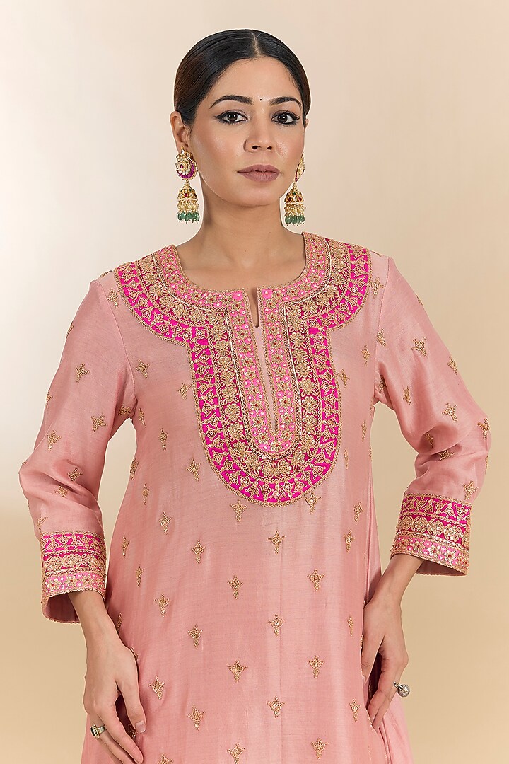 Powder Pink Chanderi Marori Work Kurta Set by Surbhi Shah at Pernia's Pop Up Shop