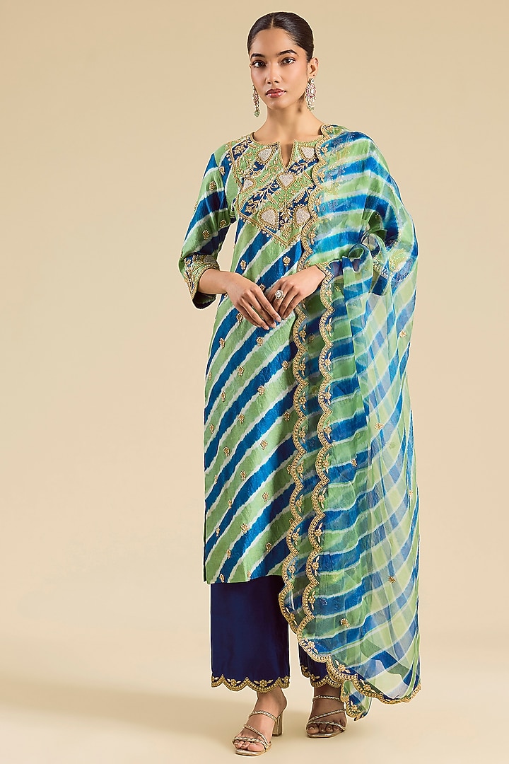 Green & Blue Spun Silk Pearl Work Kurta Set by SURBHI SHAH at Pernia's Pop Up Shop
