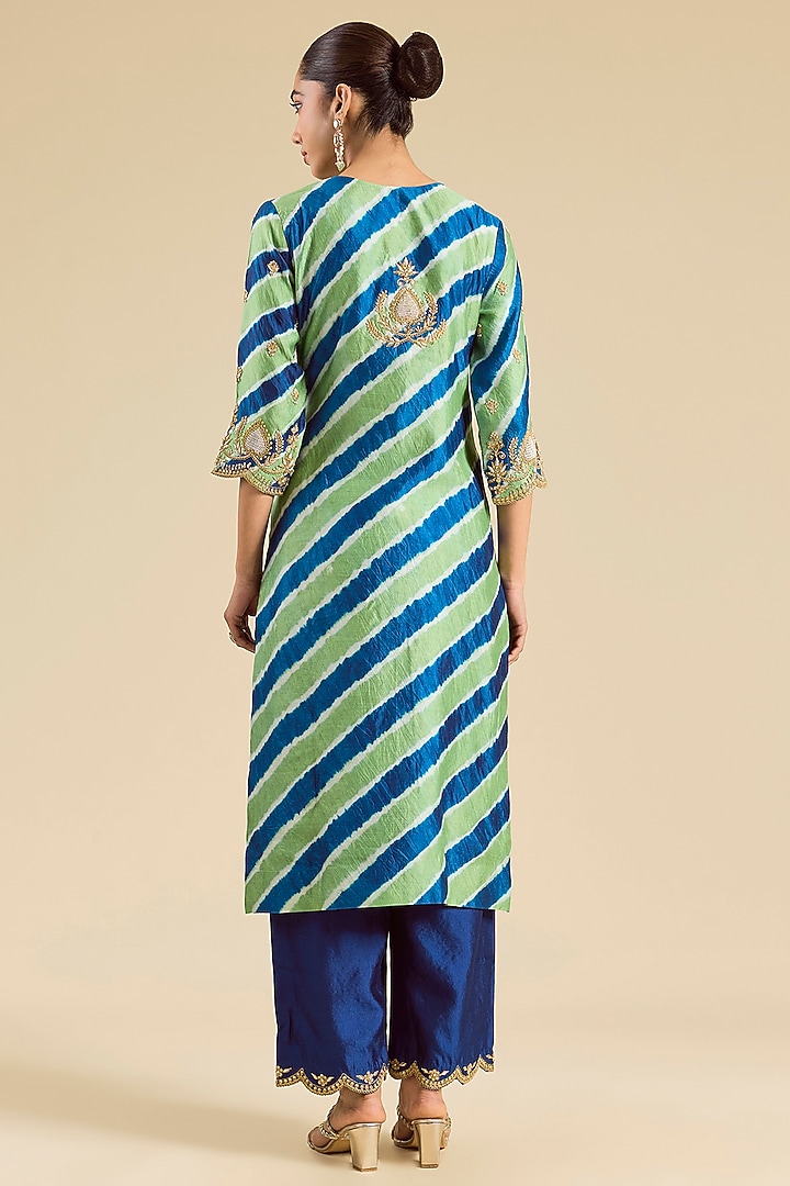 Green & Blue Spun Silk Pearl Work Kurta Set by SURBHI SHAH at Pernia's Pop Up Shop