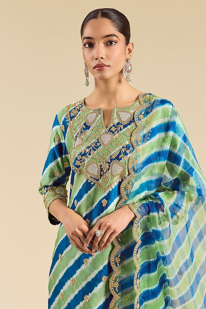 Green & Blue Spun Silk Pearl Work Kurta Set by SURBHI SHAH at Pernia's Pop Up Shop