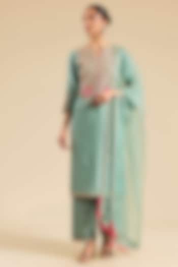 Sea Blue Chanderi Pearl Work Kurta Set by SURBHI SHAH at Pernia's Pop Up Shop