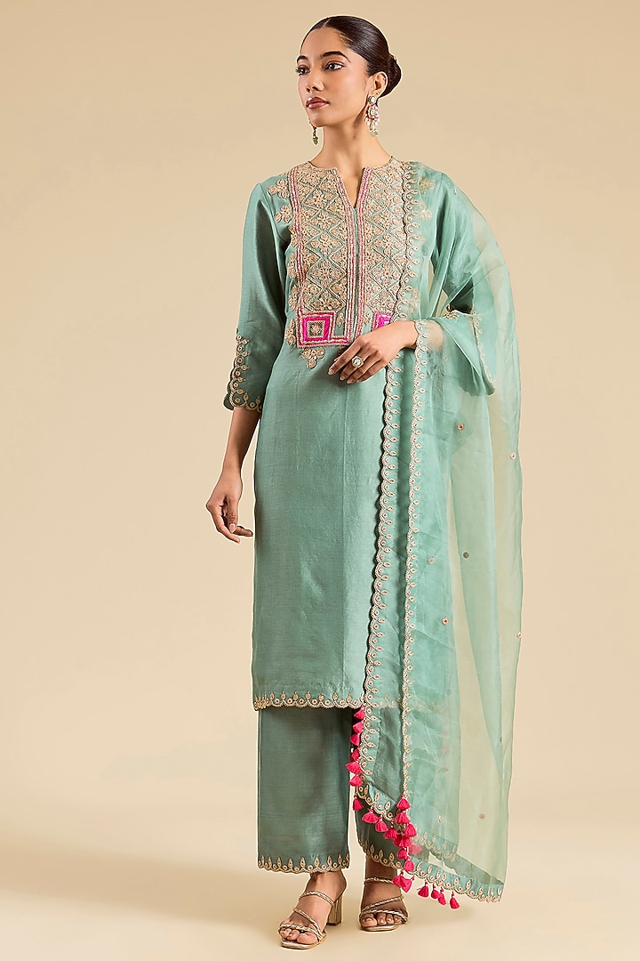 Sea Blue Chanderi Pearl Work Kurta Set by SURBHI SHAH at Pernia's Pop Up Shop