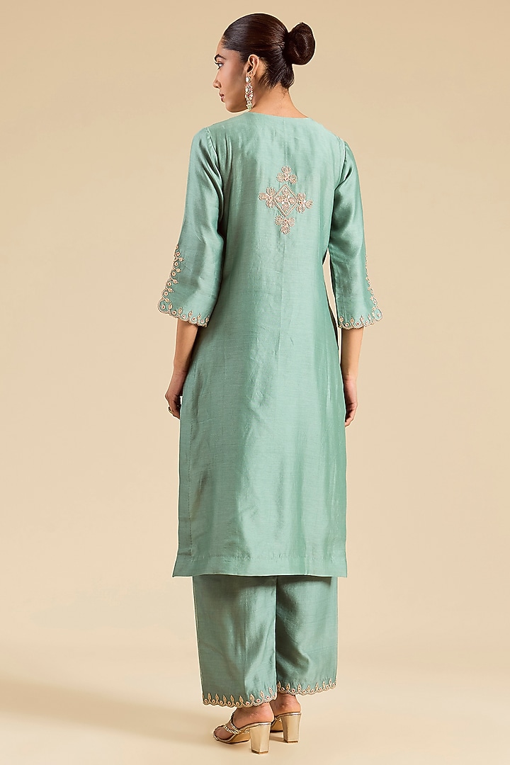 Sea Blue Chanderi Pearl Work Kurta Set by SURBHI SHAH at Pernia's Pop Up Shop