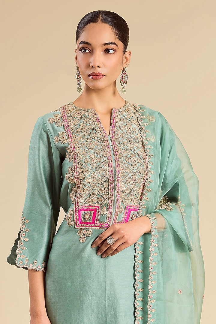 Sea Blue Chanderi Pearl Work Kurta Set by SURBHI SHAH at Pernia's Pop Up Shop