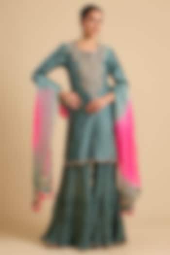 Sea Blue Chanderi Embroidered Kurta Set by SURBHI SHAH at Pernia's Pop Up Shop