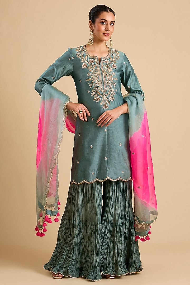 Sea Blue Chanderi Embroidered Kurta Set by SURBHI SHAH at Pernia's Pop Up Shop