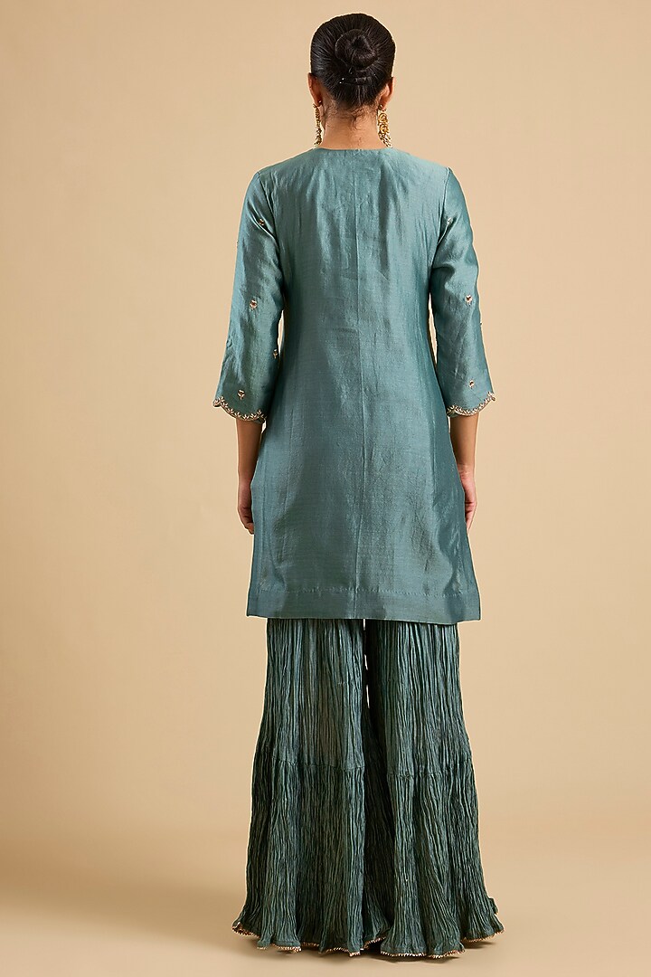 Sea Blue Chanderi Embroidered Kurta Set by SURBHI SHAH at Pernia's Pop Up Shop