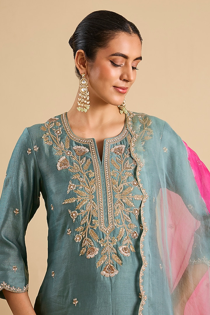 Sea Blue Chanderi Embroidered Kurta Set by SURBHI SHAH at Pernia's Pop Up Shop