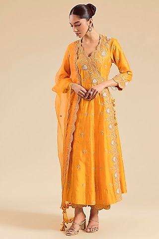 Mango Yellow Spun Silk Marori Work Angrakha Kurta Set by SURBHI SHAH