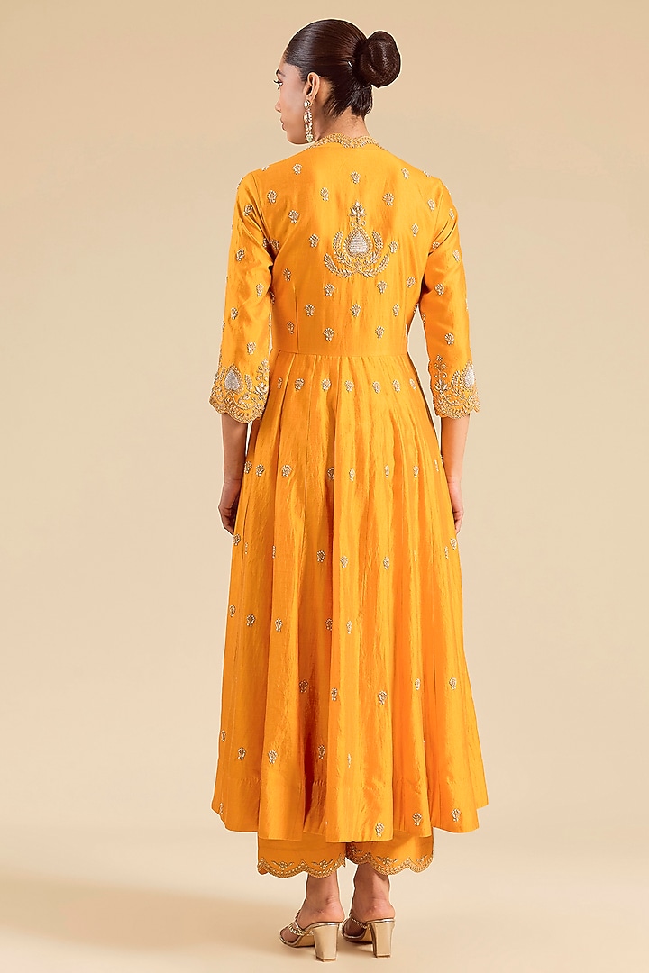Mango Yellow Spun Silk Marori Work Angrakha Kurta Set by SURBHI SHAH at Pernia's Pop Up Shop