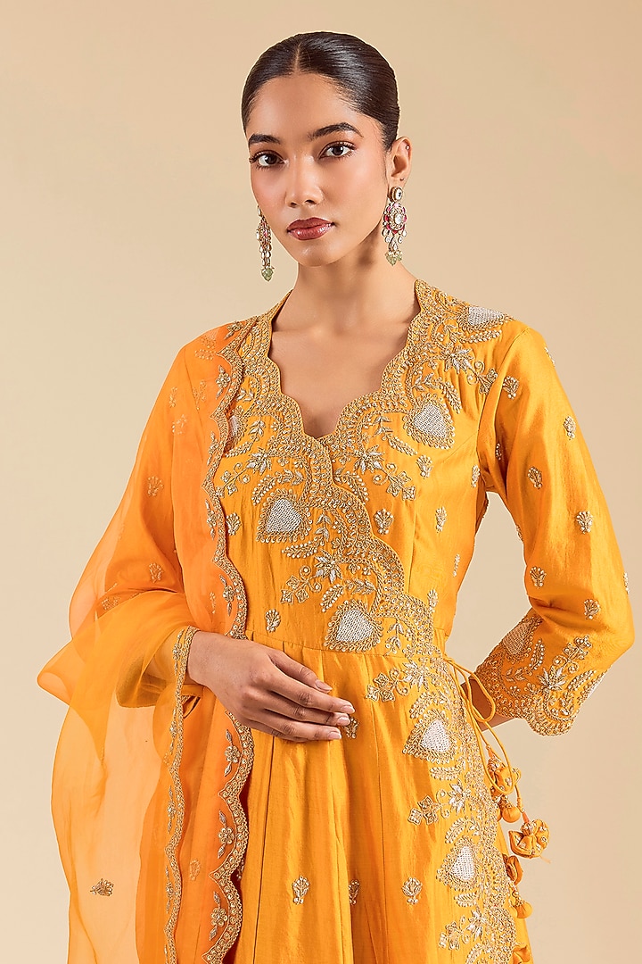 Mango Yellow Spun Silk Marori Work Angrakha Kurta Set by SURBHI SHAH at Pernia's Pop Up Shop