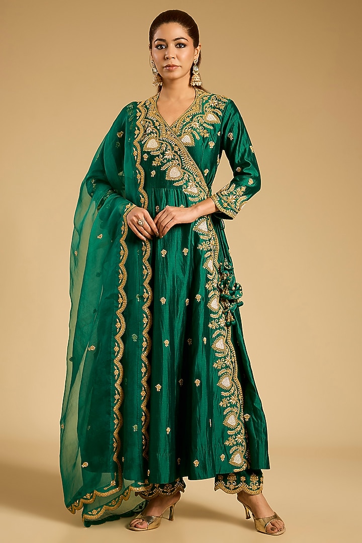 Emerald Green Spun Silk Marori Work Angrakha Kurta Set by SURBHI SHAH at Pernia's Pop Up Shop