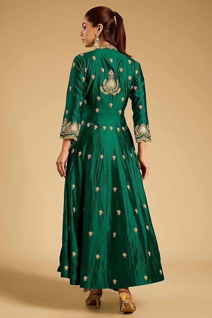 Emerald Green Spun Silk Marori Work Angrakha Kurta Set by SURBHI SHAH at Pernia's Pop Up Shop