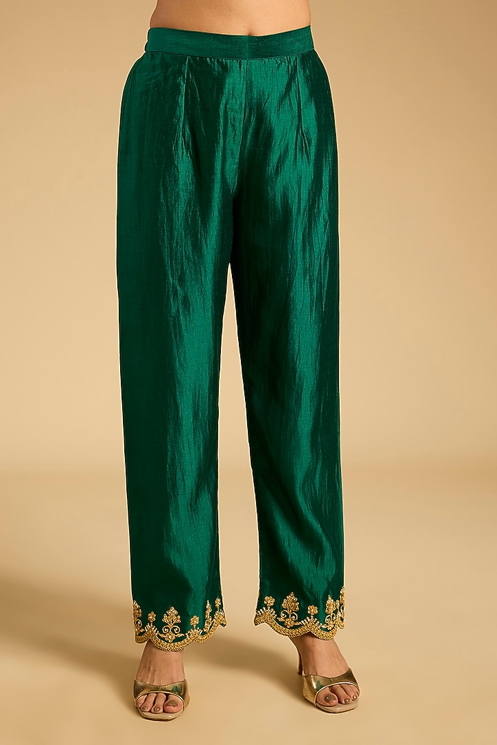 Emerald Green Spun Silk Marori Work Angrakha Kurta Set by SURBHI SHAH at Pernia's Pop Up Shop