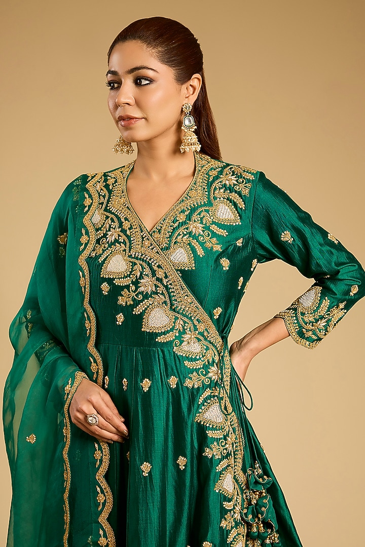 Emerald Green Spun Silk Marori Work Angrakha Kurta Set by SURBHI SHAH at Pernia's Pop Up Shop