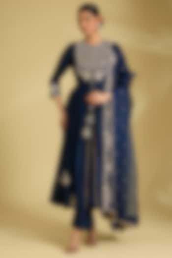 Navy Blue Chanderi Dabka Work Wedding Anarkali Set by Surbhi Shah at Pernia's Pop Up Shop