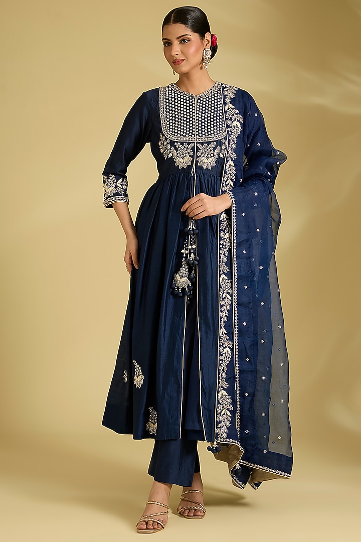 Navy Blue Chanderi Dabka Work Wedding Anarkali Set by Surbhi Shah at Pernia's Pop Up Shop