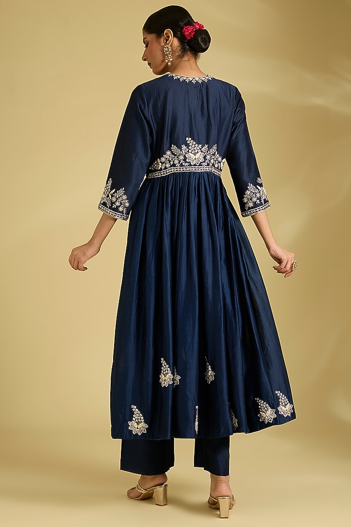 Navy Blue Chanderi Dabka Work Wedding Anarkali Set by Surbhi Shah at Pernia's Pop Up Shop