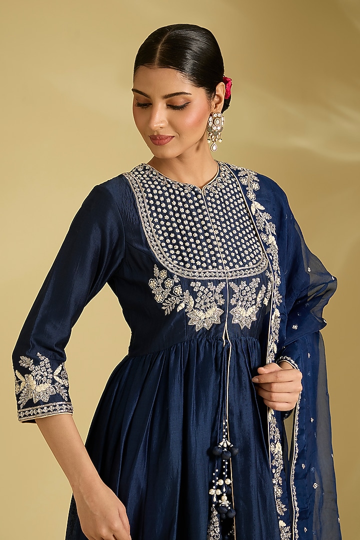 Navy Blue Chanderi Dabka Work Wedding Anarkali Set by Surbhi Shah at Pernia's Pop Up Shop