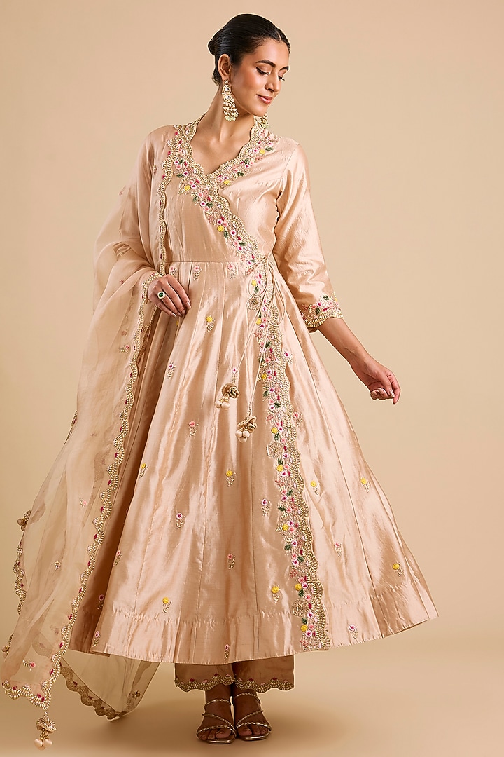 Champagne Spun Silk Embroidered Wedding Anarkali Set by SURBHI SHAH at Pernia's Pop Up Shop