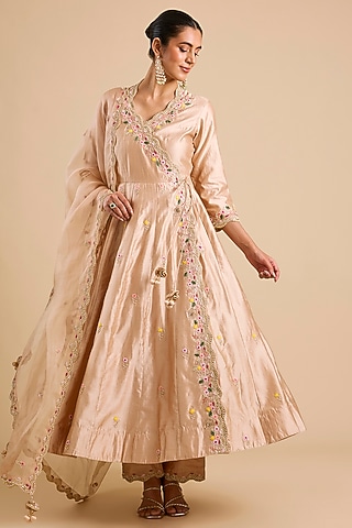 Champagne Spun Silk Embroidered Anarkali Set by SURBHI SHAH