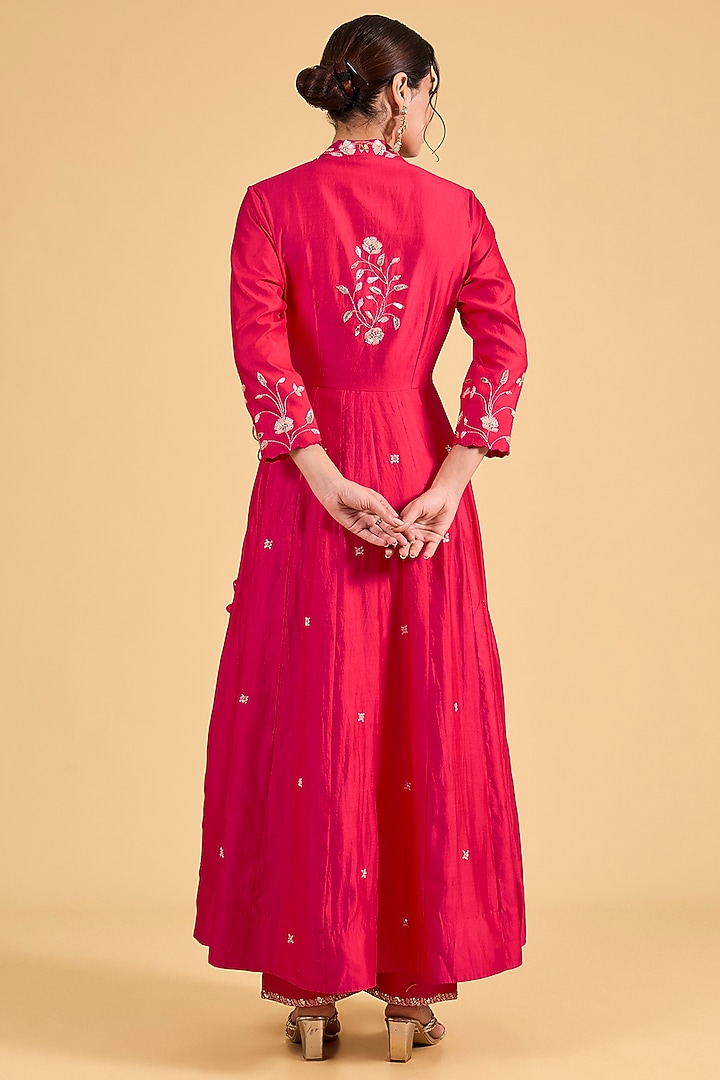 Strawberry Red Spun Silk Wedding Anarkali Set by Surbhi Shah at Pernia's Pop Up Shop