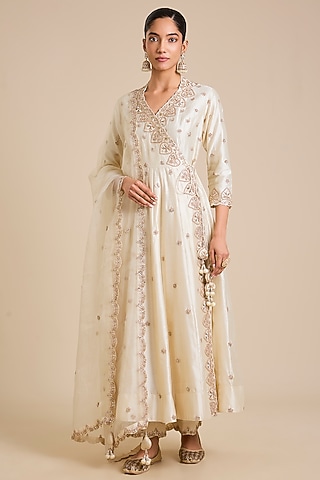 Ivory Spun Silk Marori Work Angrakha Set by SURBHI SHAH