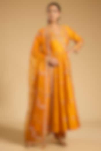 Mango Yellow Spun Silk Marori Work Angrakha Kurta Set by SURBHI SHAH at Pernia's Pop Up Shop